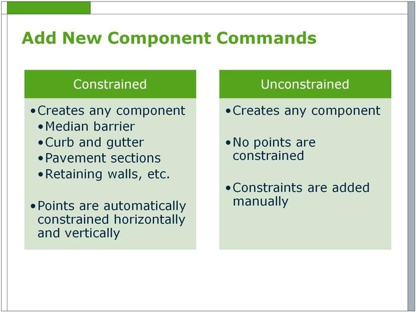Constrained and Unconstrained Components CONSTRAINED AND UNCONSTRAINED COMPONENTS The Add New Component > Constrained command is used to create open or closed shaped template components using