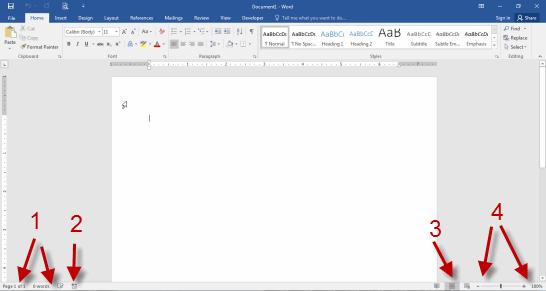 Creating a Microsoft Word Document 1.5 The Status Bar The Status Bar, located at the bottom of Word, shows basic information about your document and enables you to change your viewing settings.