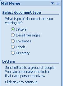 At the bottom right of the screen you have the option of clicking on Next to take you to the next page of the mail merge wizard.