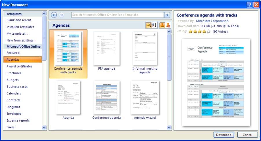 ECDL Module Three - Page 28 Experiment with creating new documents based on the Agenda templates, as illustrated below.