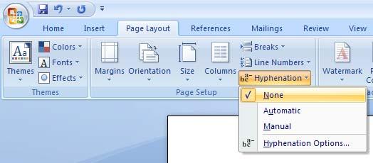 group, click on the Hyphenation button. From the drop down displayed click on the None command, as illustrated below.