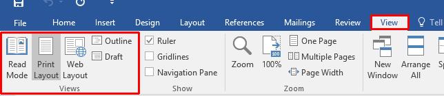 Click on the View tab and look at the options within the Views section. By default, the Print Layout view is displayed.