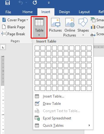 WORD 2016 FOUNDATION Page 115 If you move the mouse pointer over the cells displayed in