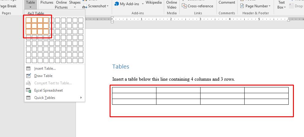 document. Click when you see a 4x3 Table displayed.