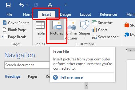 Inserting Pictures Create a new document, by pressing Ctrl+N. Click on the Insert tab and then click on the Pictures icon.