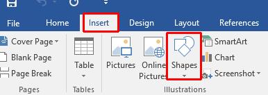 WORD 2016 FOUNDATION Page 131 Inserting Shapes Create a new document and save the document as a file called My Shapes. Click on the Insert tab and then click on the Shapes icon.