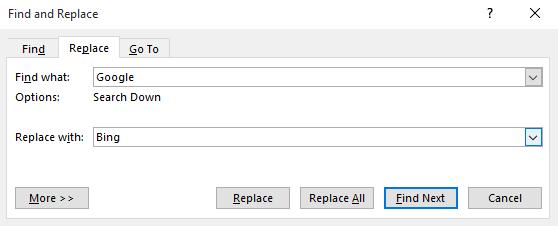 WORD 2016 FOUNDATION Page 148 Click on the Find Next button. The next instance of the text will be selected. Click on the Replace button.