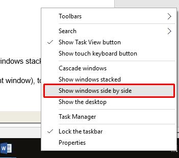 NOTE: If you see a different popup menu displayed this is because you may have accidentally right-clicked over an icon within the Taskbar, in which case try again, making sure you click on an empty