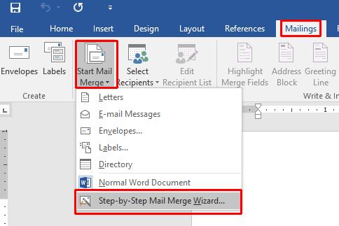 WORD 2016 FOUNDATION Page 154 Mail Merge Wizard - Step 1 of 6 Select document type From the drop down