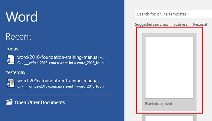 WORD 2016 FOUNDATION Page 18 Starting to Use Microsoft Word 2016 Using the default Microsoft Word document Open the Microsoft Word program. Click on the Blank Document thumbnail.