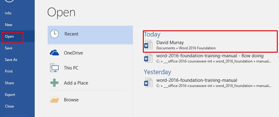 WORD 2016 FOUNDATION Page 23 NOTE: This will display a list