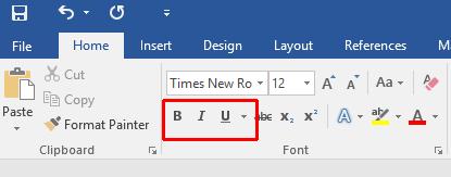 WORD 2016 FOUNDATION Page 49 To format the selected word as bold, italic or underlined, click on the icons displayed on the Home tab.