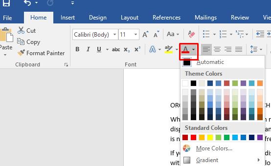 WORD 2016 FOUNDATION Page 52 Within the paragraph relating to Font Color, select some text and then click on the Font Color icon. This will apply color to the selected text.