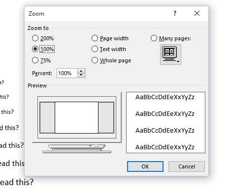 WORD 2016 FOUNDATION Page 54 You can use the Zoom dialog box to display the page at pre-set zoom levels. You can type a value into the percentage box.