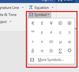 Clicking on More Symbols, will display additional symbols and options, as illustrated.