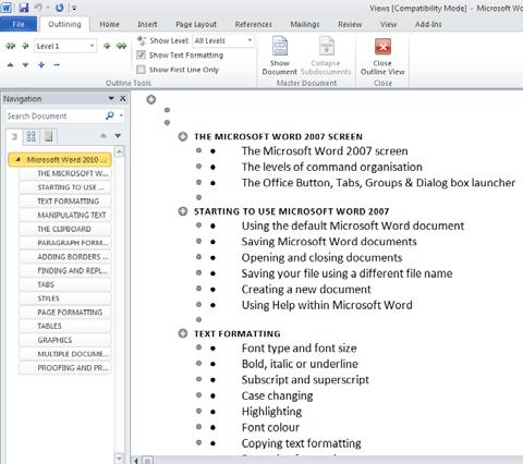 Outline view is useful when viewing long documents, as you can easily identify headings and sections