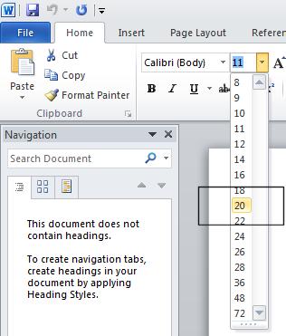 WORD 2010 FOUNDATION Page 51 This will display a drop down from which you can select the required font size. Set the font size to 20.