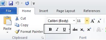 WORD 2010 FOUNDATION Page 52 TIP: To select a word, double click on the word. To format the selected word as bold, italic or underlined, click on the icons displayed on the Home tab.