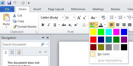 TIP: To remove highlighting from highlighted text, select the text and then click on the down arrow to the right of the Highlight icon. Select No Color.