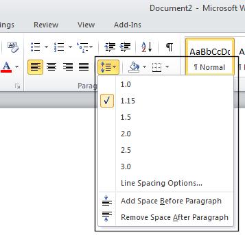 On the Home tab, within the Paragraph section, click on the Line Spacing icon. This will display a drop down list, from which you can select line spacing options. Select 1.