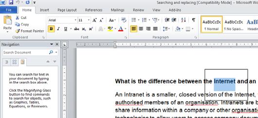 The first occurrence of the word Internet will be found and highlighted within the document.