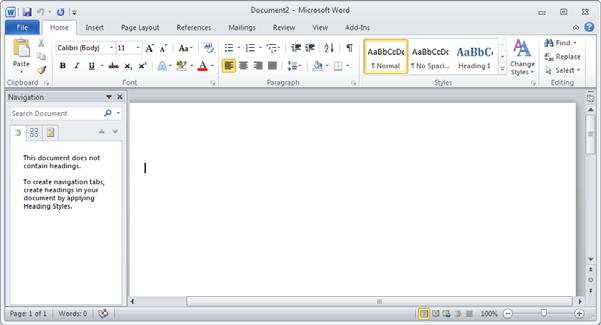 WORD 2010 FOUNDATION Page 9 The Microsoft Word 2010 screen When the Microsoft Word 2010 program loads, your screen will look something like this.