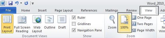 Reset the page orientation back to Portrait orientation. Click on the View tab and click on the 100% button.