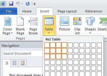 Page 106 Click when you see a 4x3 Table displayed (in the area immediately above the cell drop down). The table will be inserted into the document, as illustrated.