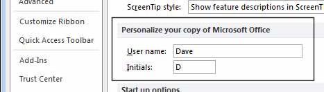 You can enter your name into the User name section.