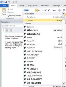 Font type Open a document called Text formatting. By default Microsoft Word 2010 uses a font called Calibri. Make sure that the Home tab is displayed.