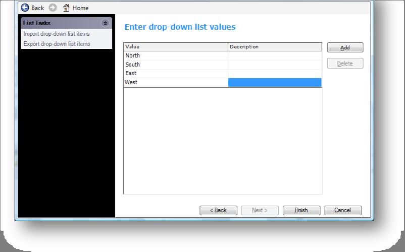 5 Click the Add button to add values for your drop down list.