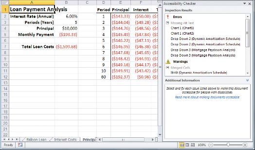 Chapter : Making Excel More Efficient 6 Excel displays the Accessibility Checker task pane. 6 Click an item in the Inspection Results section.