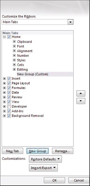 Chapter : Making Excel More Efficient Add a New Group Click the tab you want to customize. Click New Group. Excel adds the group. 3 Click Rename. 3 4 The Rename dialog box appears.