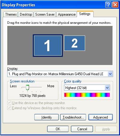 Graphics card setup TS-1 Touchscreen Manual When using a double-head graphics card, some additional settings must be made within WindowsXP, to make sure both monitors will receive the proper