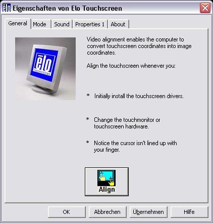 Additional touchscreen driver settings The touchscreen properties dialog can be accessed through the WindowsXP System dialog or you can select the system tray icon: Move the mousecursor to the upper