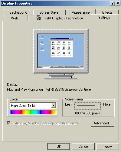 10/01 Installation of the Drivers Using MS Windows Millennium Edition Set the required resolution in Screen area: