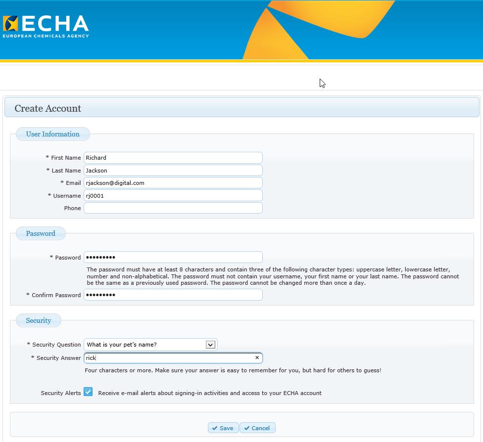 13 ECHA Accounts Manual Figure 3: Create an account When indicating the email address, users need to keep in mind that this email address will be used for important notifications regarding their ECHA