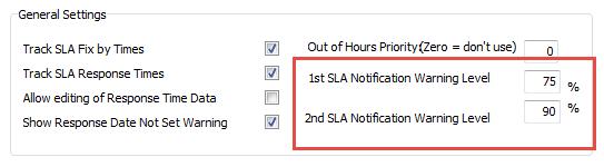 You can specify the % marker for the 1 st and 2 nd SLA levels. Our standard setup has the 2 nd SLA Notification Warning Level set to 0%, so it is not used.