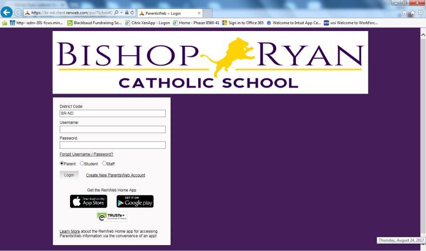 Bishop Ryan Catholic School ParentsWeb Guide First Time User Instructions 1. Click the PARENTSWEB LOGIN link at the bottom of www.bishopryan.com. 2.
