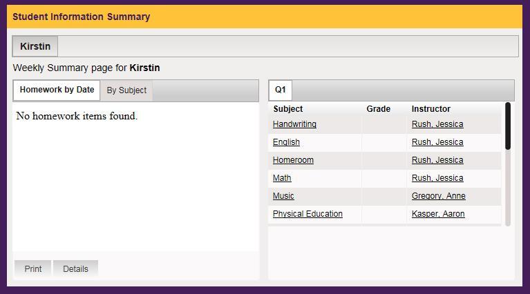 Clicking on the classes here will take you to the same individual class sites discussed under Classes on page 5. Grades takes you to a summary of the gradebook for an individual class.