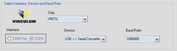 Connect the Vinculum to the host PC and select the required interface. An example of the device box is shown below. Choose the USB<-> Serial Cable (TTL-232R).