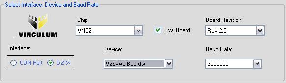 Programming Vinculum II example: Programming the VNC2 is very similar to the VNC1L; in this example a V2Eval board is re-programmed with the V2Dap firmware. Connect the V2Eval board to the host PC.