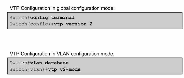 . VTP configuration - Version Two different versions of VTP can run in the management domain, VTP Version 1 and VTP Version 2. Two versions are not interoperable.