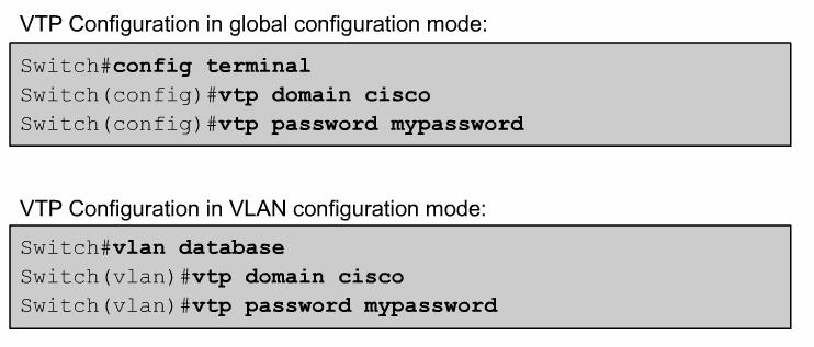 . VTP configuration Domain and Password By default, management domains are set to a nonsecure mode, meaning that the switches interact without using a password.