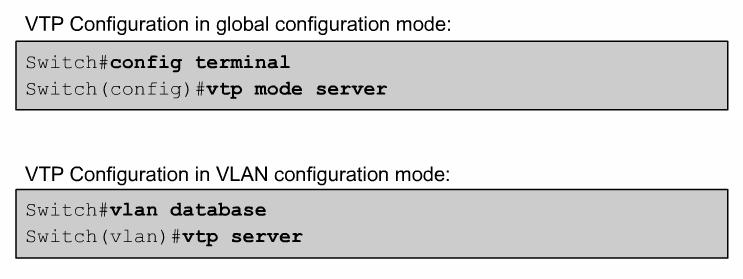 . VTP configuration VTP mode Switch#config terminal Switch(config)#vtp mode [client