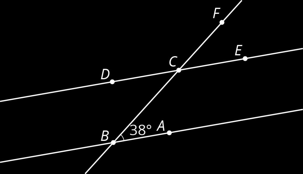 1. 2. 3. 1. 38 degrees. and are alternate interior angles for the parallel lines and cut by the transversal. 2. 38 degrees. and are a pair of vertical angles.