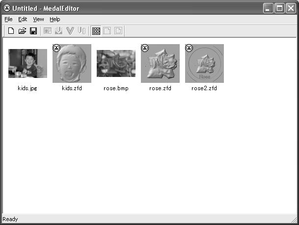 - Names and Functions File management screen Displays the thumbnail list of the edited medal data and image data. You can preview multiple data on this screen.