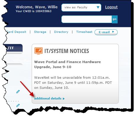 The IT/System Notices will appear in this section of your homepage, should there be a scheduled WaveNet