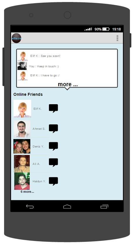 5.8.2.12 FRIEND CHAT PAGE In this page, user can see his/her online friends. By touching message icon on the right side of the profile of friend, user can activate messages speech bubble.