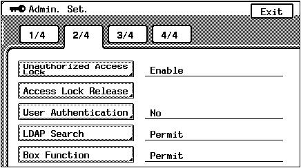2 23 Access Lock Release function 2 Touch [Adin Set] Adinistrator Operations Chapter 2 3 Touch [2/4], and then touch [Access Lock Release] 4 Select the data that you